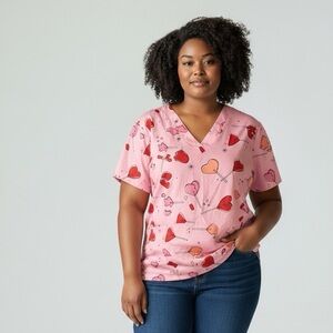 Pink Heart Patterned V-Neck Scrubs‎ Top